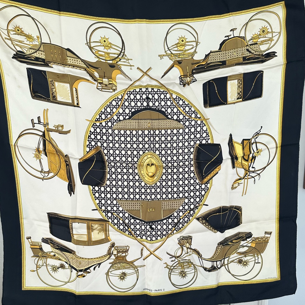 Herms Classic Carriage Print Silk Scarf In Black, Gold, Cream